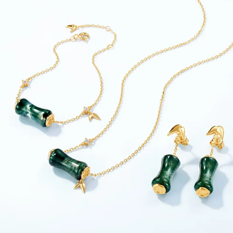 Jewelyking S925 Sterling Silver Green Moss Agate Gold Plated Bamboo Barrel Bead CZ Accent Adjustable Chain Bracelet JKBS0039