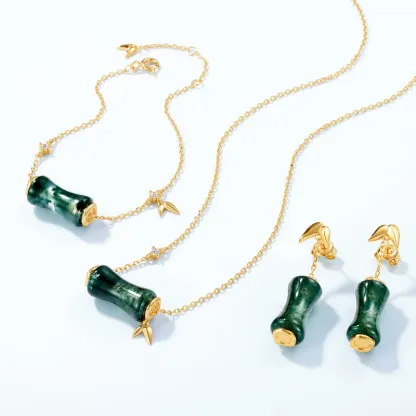 Jewelyking S925 Sterling Silver Green Moss Agate Gold Plated Bamboo Barrel Bead CZ Accent Adjustable Chain Bracelet JKBS0039