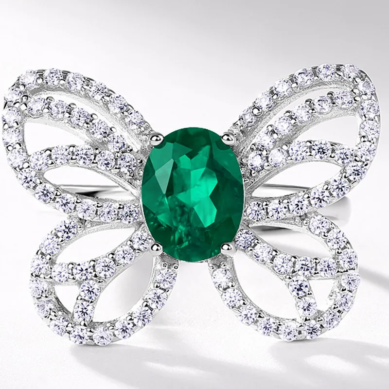 Panyu Custom Luxury Butterfly Design Lab Grown Emerald Ring 925 Sterling Silver Gemstone Jewelry