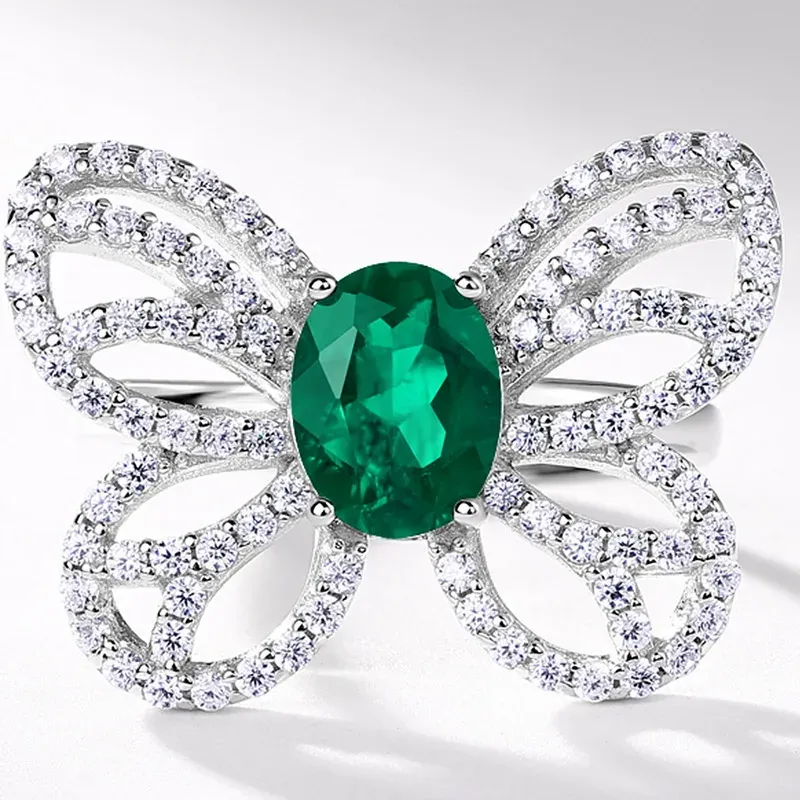 Panyu Custom Luxury Butterfly Design Lab Grown Emerald Ring 925 Sterling Silver Gemstone Jewelry