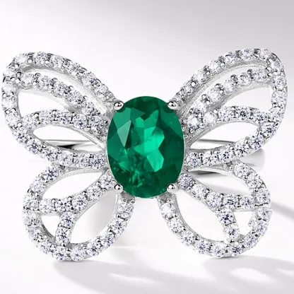 Panyu Custom Luxury Butterfly Design Lab Grown Emerald Ring 925 Sterling Silver Gemstone Jewelry