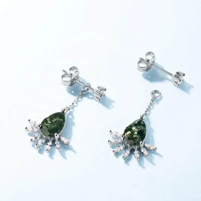 Jewelyking S925 Sterling Silver Bling Zircon Drape Tassel Pear Shape Green Moss Agate Stud Earrings JKES0071