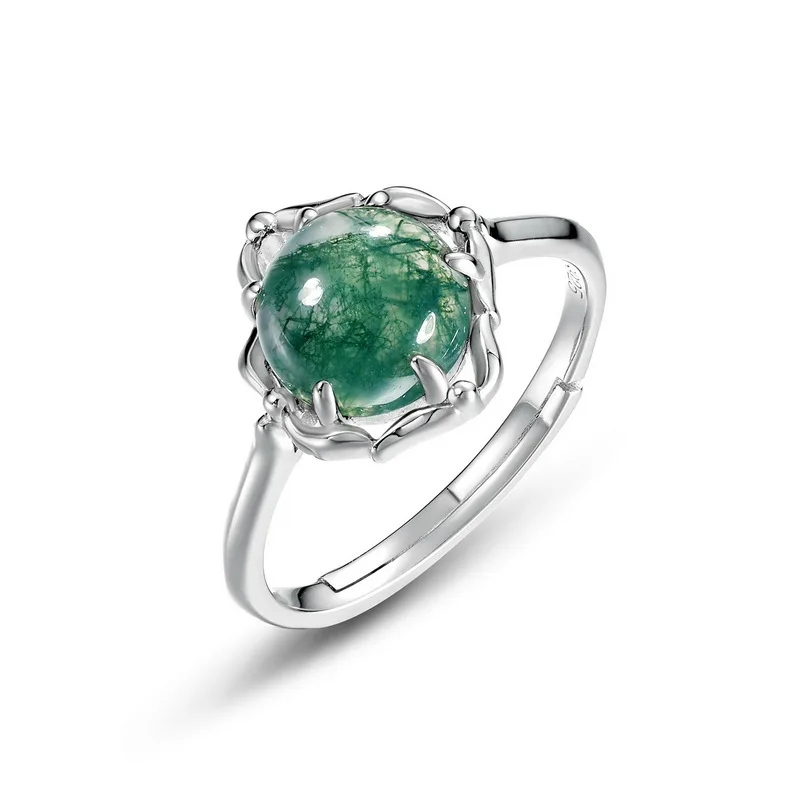 JewelyKing S925 Sterling Silver Natural Green Moss Agate Engagement Wedding Ring JKRS0200