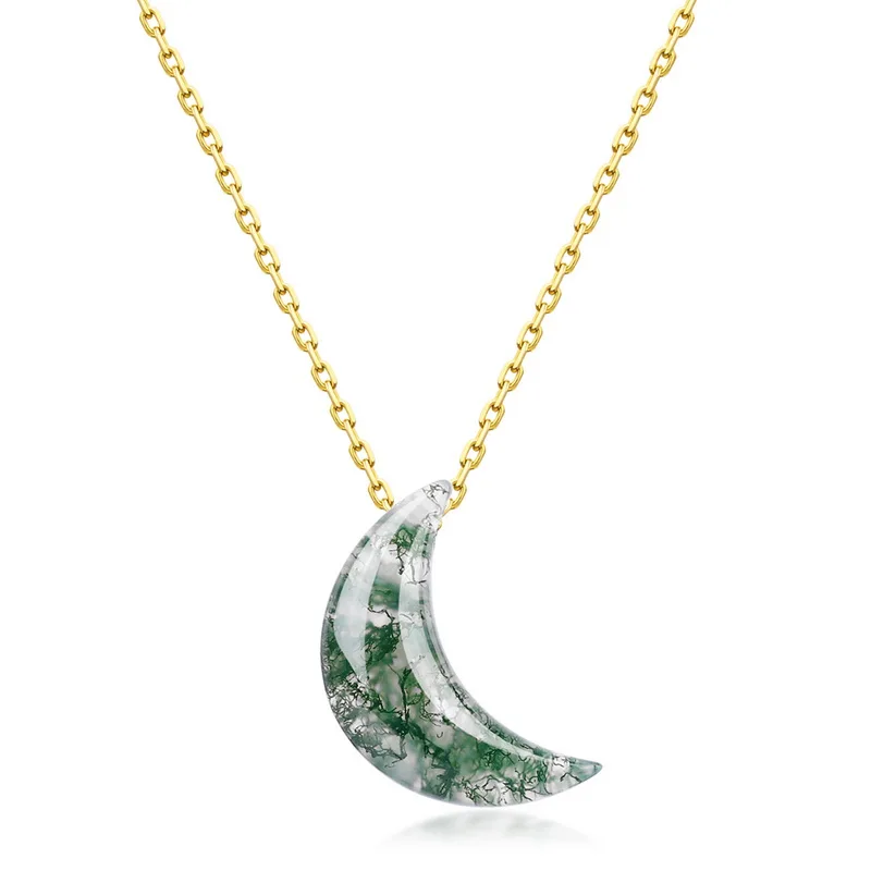 Jewelyking S925 Silver Fashion Green Moss Agate Moon Pendant Necklace JKNS0099