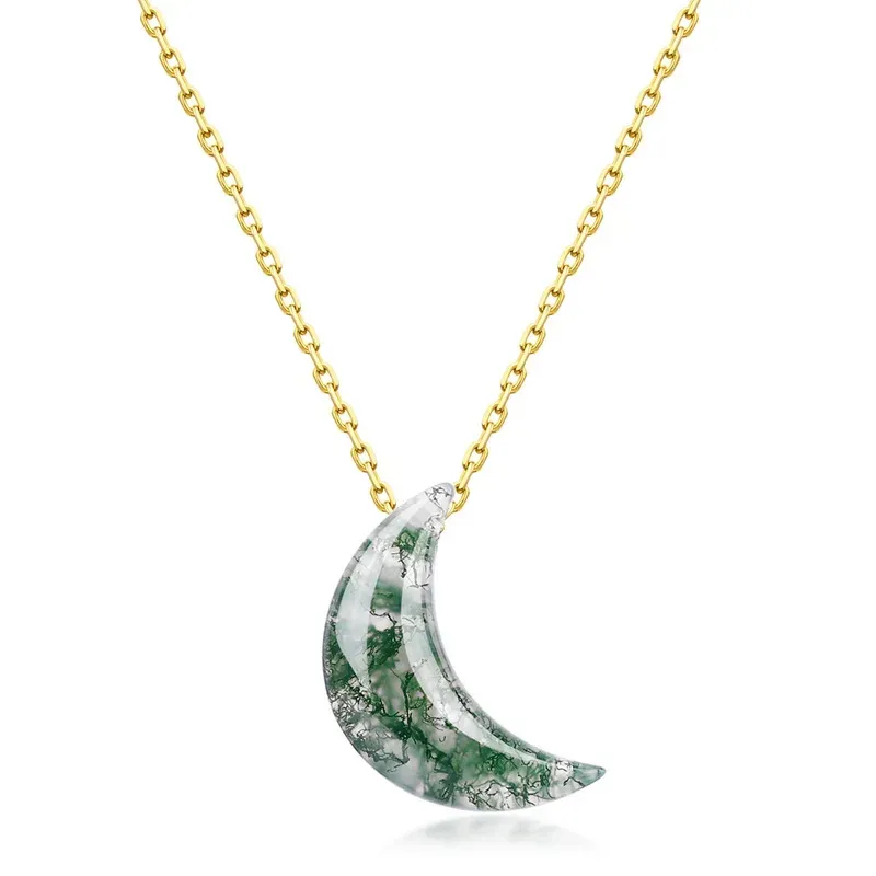 Jewelyking S925 Silver Fashion Green Moss Agate Moon Pendant Necklace JKNS0099