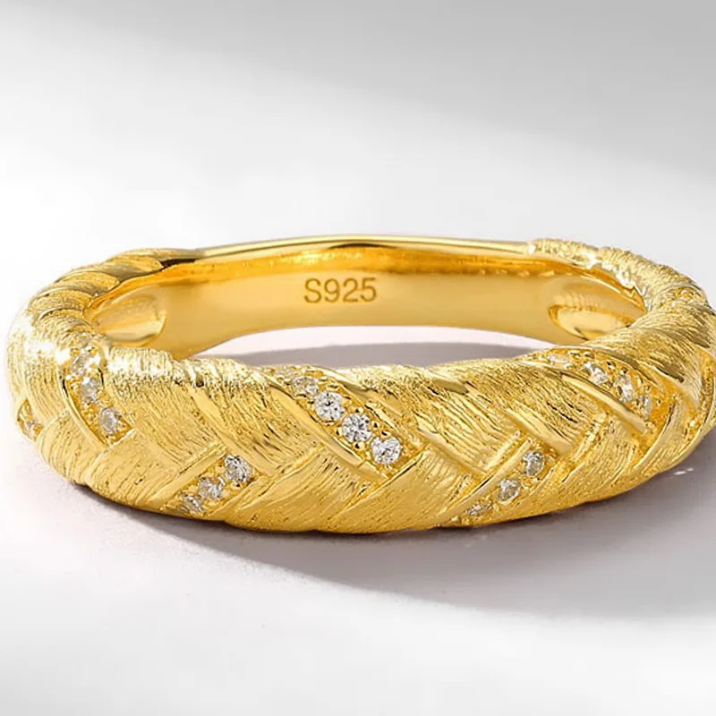 Jewelyking  S925 Sterling Silver Light Luxury Woven Brushed Wheat Ring Diamond Vintage JKRS0108