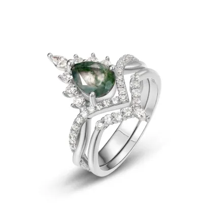 JewelyKing S925 Sterling Silver Luxury Gemstone Vintage Moss Agate Engagement Rings JKRS0150