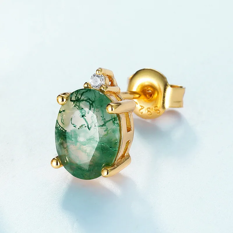 Jewelyking S925 Gemstone Green Moss Agate Natural Stone Stud Earrings JKES0072