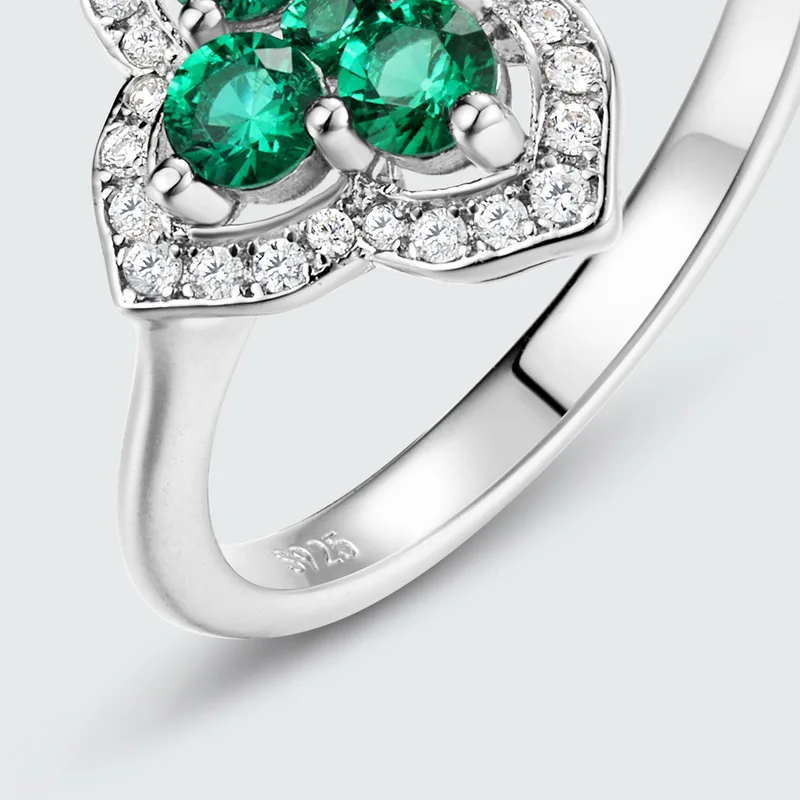 Four Leaf Clover Flower Lab Grown Emerald Premium Design for Women Silver Ring Gemstone 925