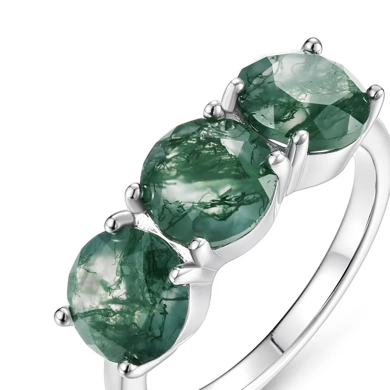 JewelyKing S925 Silver Natural Green Moss Agate Ring Inlaid Zircon Classic Round Cut Three Stone Ring JKRS0197