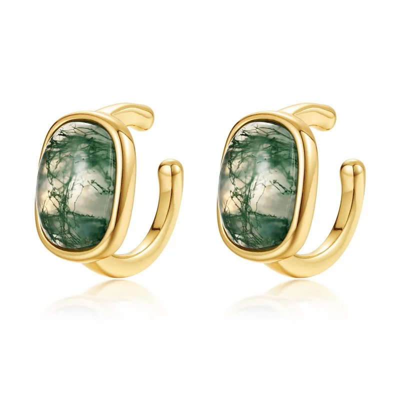Jewelyking S925 Sterling Silver Green Moss Agate Square Studs Gold Plated JKES0087