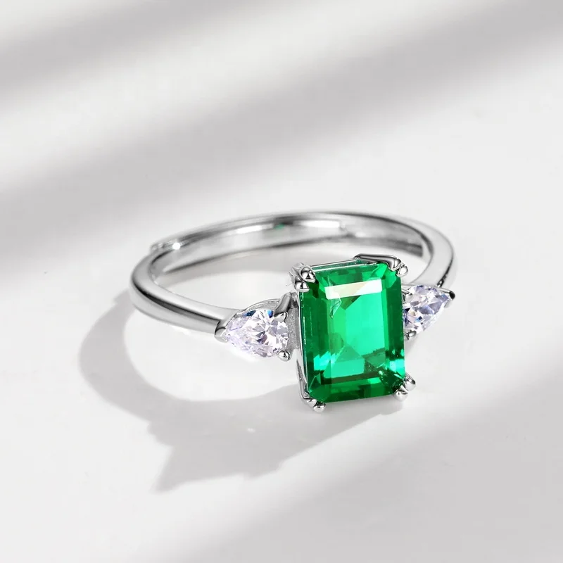Fine Jewelry Silver 925 Created Gemstone Green Emerald Ring Rectangle Shape Lab Grown Emeralds Wedding Engagement Rings