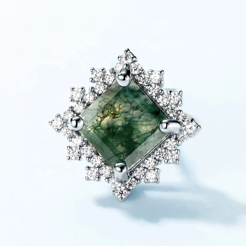 Jewelyking S925 Sterling Silver Square Shape Gemstone Simple Classic Square Moss Agate Stud Earring JKES0082