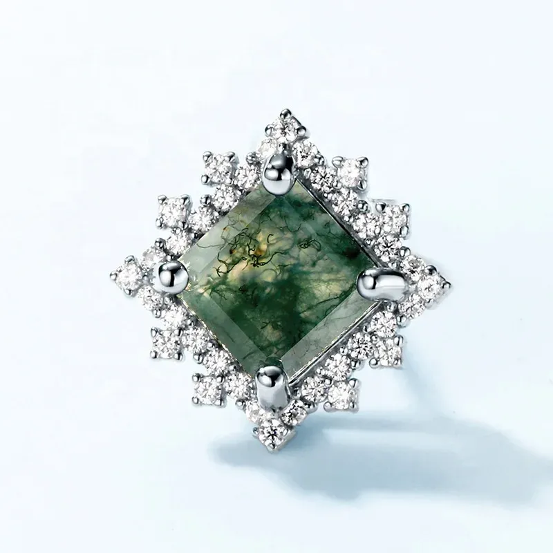 Jewelyking S925 Sterling Silver Square Shape Gemstone Simple Classic Square Moss Agate Stud Earring JKES0082