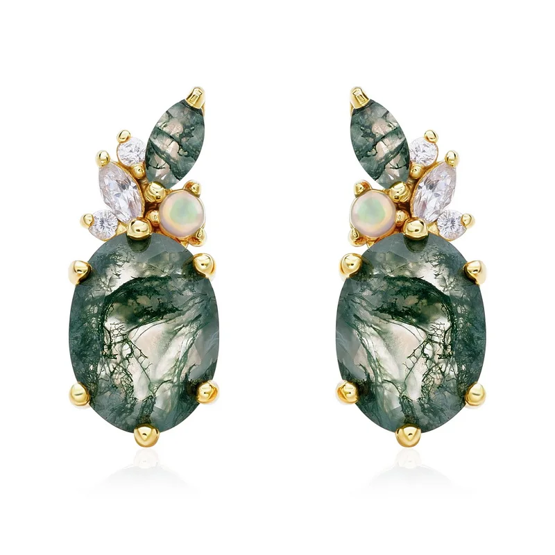JewelyKing S925 Sterling Silver Green Moss Agate 14K Gold Plated Opal CZ Accent Oval Cut Stud Earrings Dangle Earrings JKRS0011
