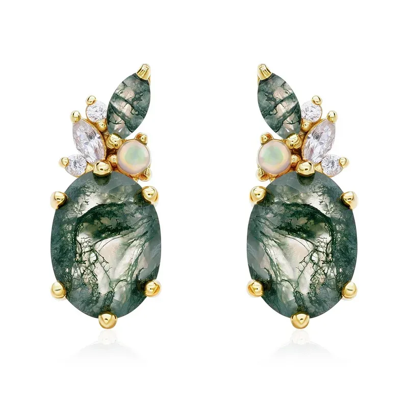 JewelyKing S925 Sterling Silver Green Moss Agate 14K Gold Plated Opal CZ Accent Oval Cut Stud Earrings Dangle Earrings JKRS0011