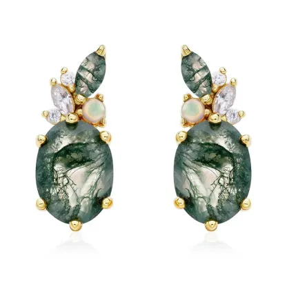 JewelyKing S925 Sterling Silver Green Moss Agate 14K Gold Plated Opal CZ Accent Oval Cut Stud Earrings Dangle Earrings JKRS0011
