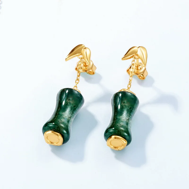 Jewelyking S925 Sterling Silver Bamboo Green Moss Long Light Gold-Plated Earrings Luxury Retro Temperament Stud Earrings JKES0085