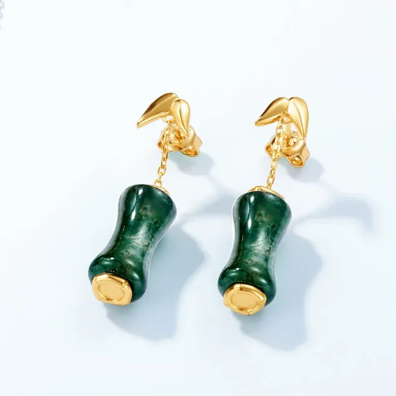 Jewelyking S925 Sterling Silver Bamboo Green Moss Long Light Gold-Plated Earrings Luxury Retro Temperament Stud Earrings JKES0085