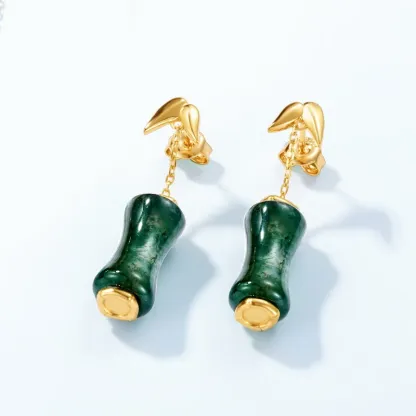 Jewelyking S925 Sterling Silver Bamboo Green Moss Long Light Gold-Plated Earrings Luxury Retro Temperament Stud Earrings JKES0085