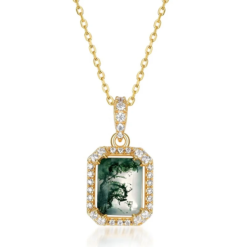 Jewelyking S925 Sterling Silver Gold Plated Green Crystals Vintage Rectangle Natural Moss Agate Pendant Necklace JKNS0085