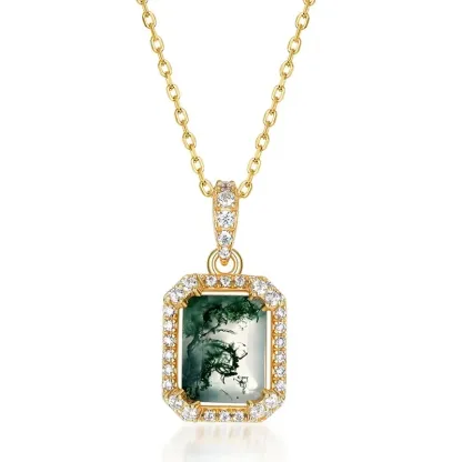 Jewelyking S925 Sterling Silver Gold Plated Green Crystals Vintage Rectangle Natural Moss Agate Pendant Necklace JKNS0085
