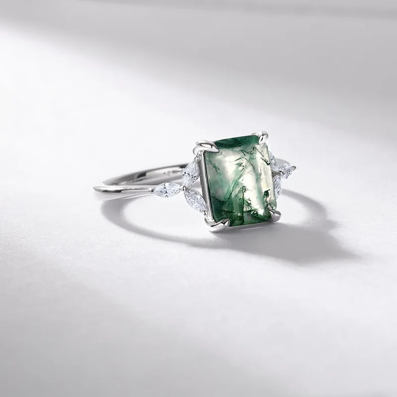JewelyKing Emerald Cut Natural Moss Agate S925 Sterling Silver  Leaf Design Vintage Engagement Ring JKRS0136