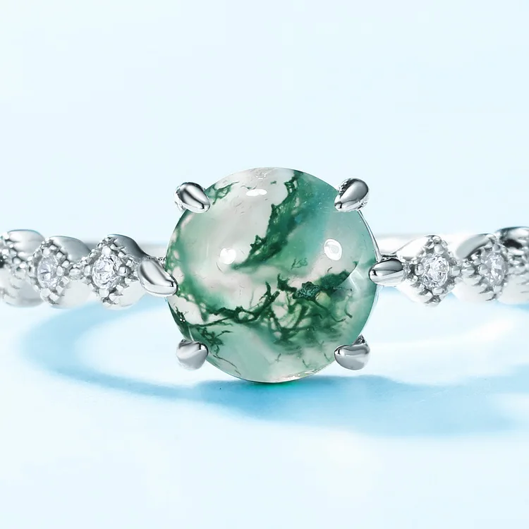 JewelyKing S925 Sterling Silver Moss Agate Oval Moss Agate Rings JKRS0243