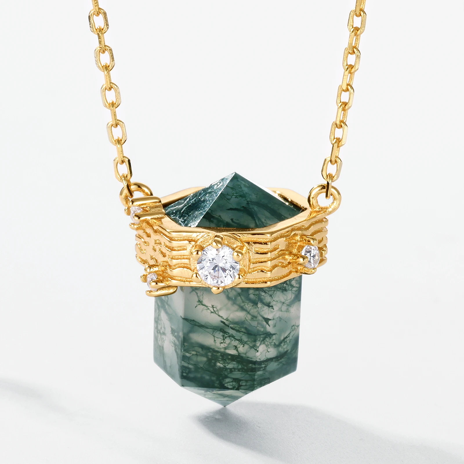 Jewelyking Double Point Healing Gemstone Green Moss Agate Stone Pendant Necklace JKNS0112