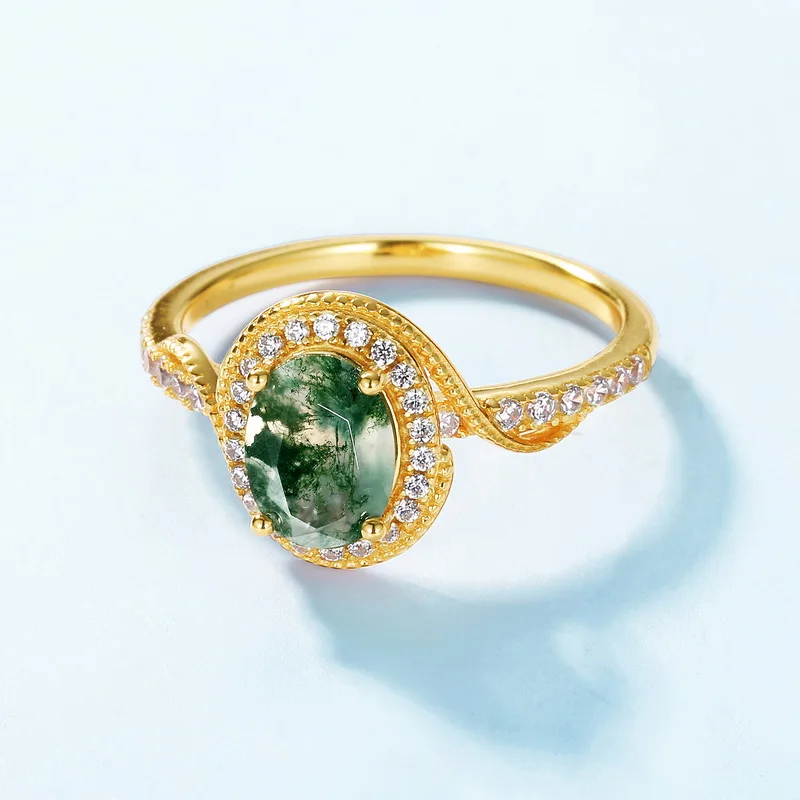 JewelyKing S925 Sterling Silver Round Cut Natural Gemstone Jewelry 18k Gold Plated Green Moss Agate CZ Engagement Ring JKRS0130