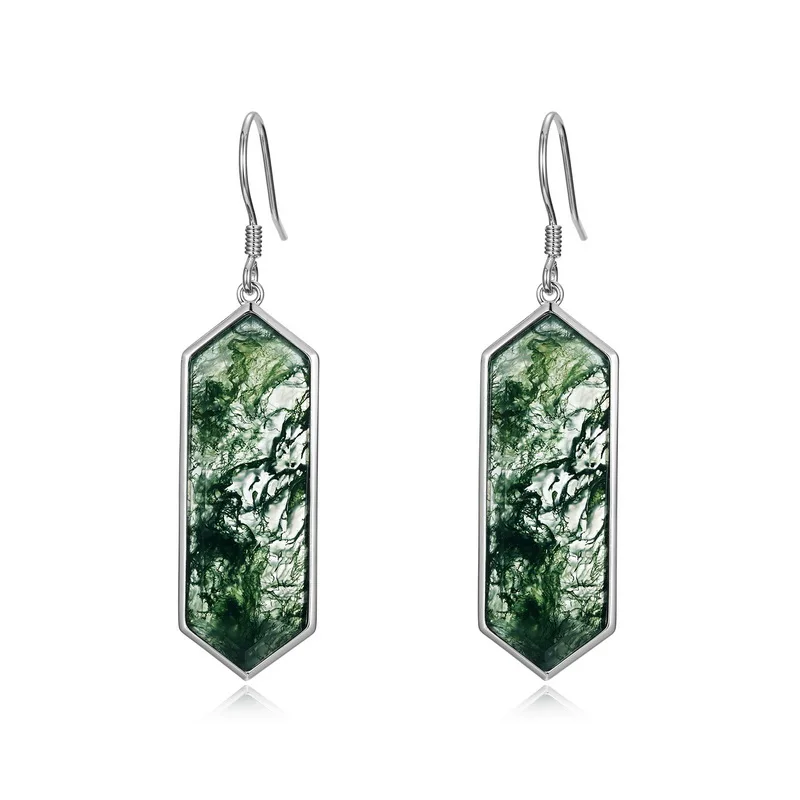 JewelyKing S925 Sterling Silver Hexagon Cut Green Moss Agate Drop Earrings JKES0013