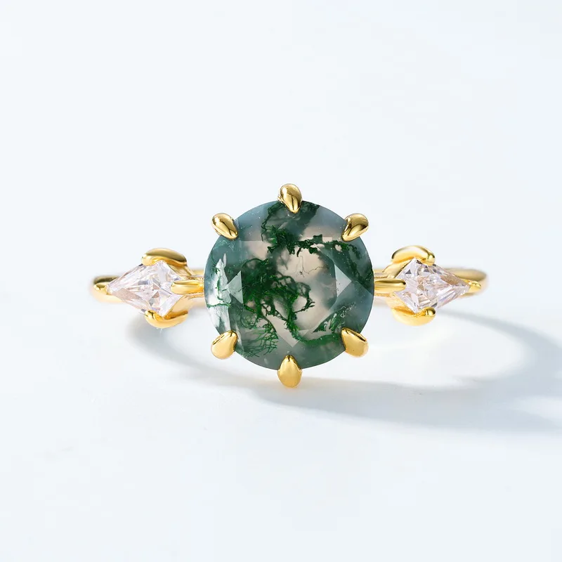 JewelyKing S925 Sterling Silver Round Cut Natural Gemstone Jewelry 18k Gold Plated Green Moss Agate Zirconia Wedding Ring JKRS0129