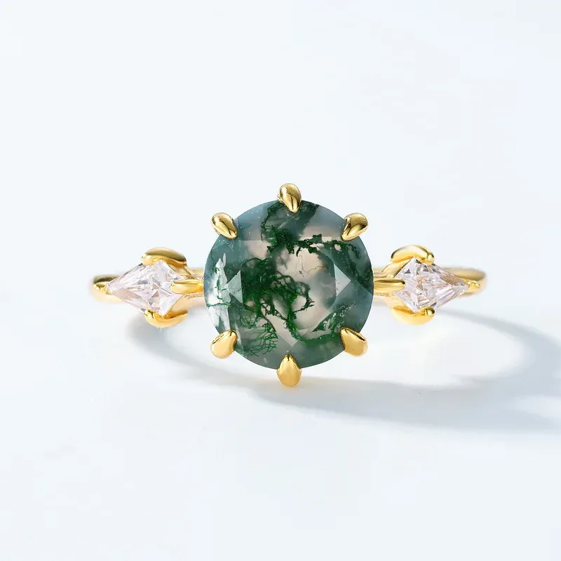 JewelyKing S925 Sterling Silver Round Cut Natural Gemstone Jewelry 18k Gold Plated Green Moss Agate Zirconia Wedding Ring JKRS0129