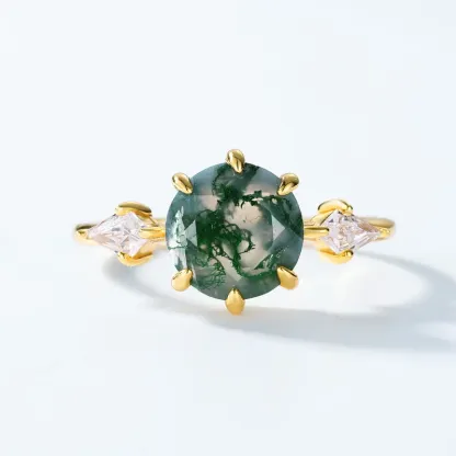 JewelyKing S925 Sterling Silver Round Cut Natural Gemstone Jewelry 18k Gold Plated Green Moss Agate Zirconia Wedding Ring JKRS0129