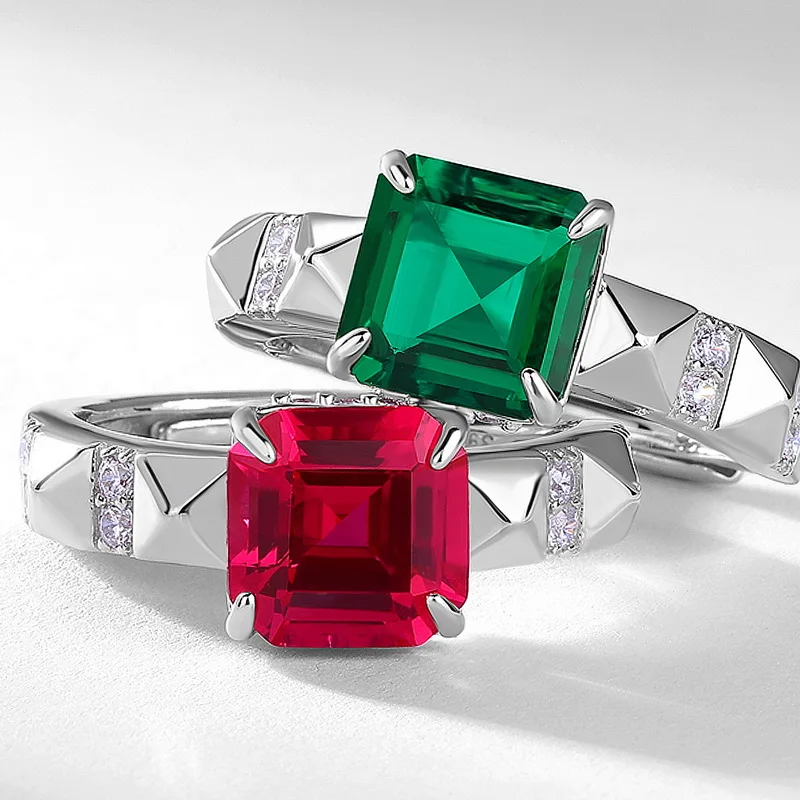 Panyu Custom Lab Emerald Princess Ring S925 Silver Inlaid Cultured Colored Gemstone Vintage Ring