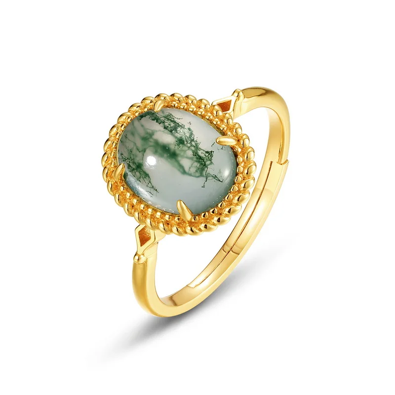 JewelyKing S925 Sterling Silver Green Moss Agate Dainty Whimsical Ring  K Gold Oval Diamond Ring JKRS0216