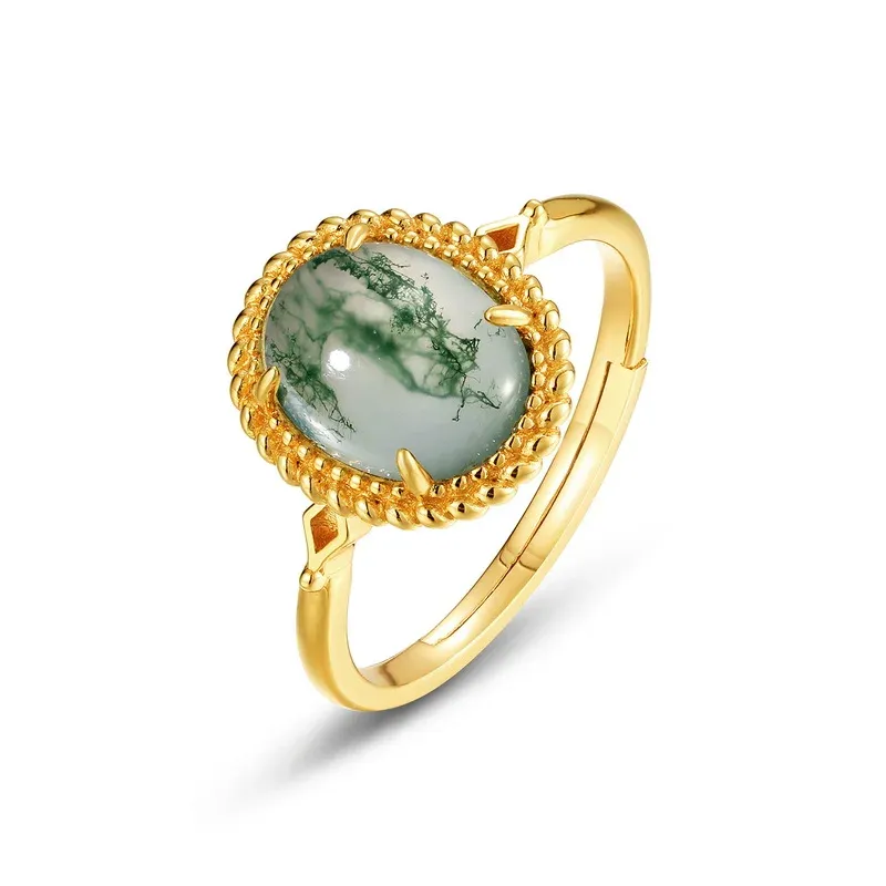 JewelyKing S925 Sterling Silver Green Moss Agate Dainty Whimsical Ring  K Gold Oval Diamond Ring JKRS0216
