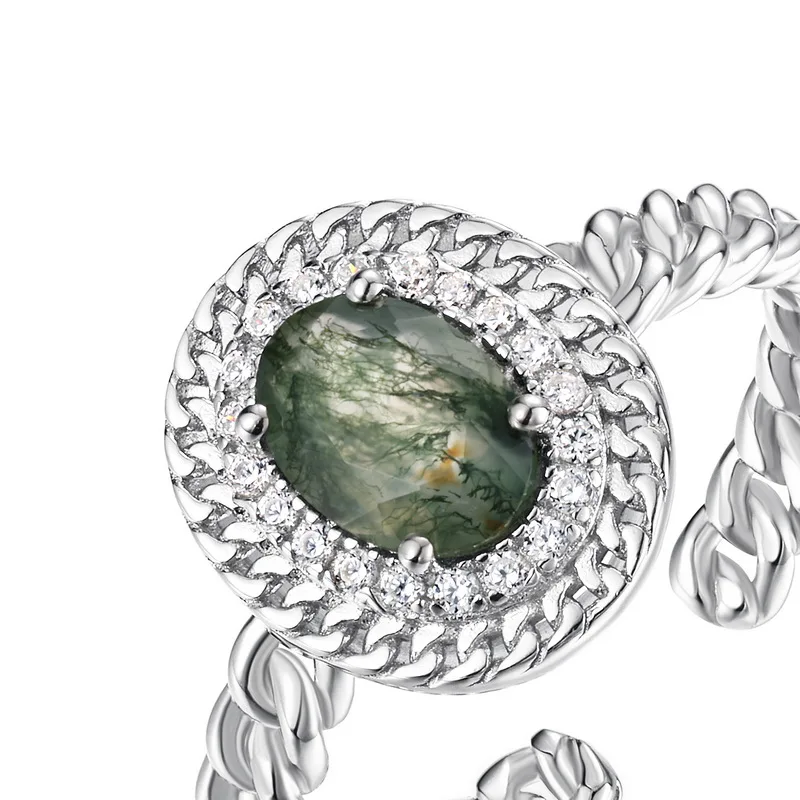 JewelyKing S925 Sterling Silver Natural Green Moss Agate Delicate Wedding Ring JKRS0196