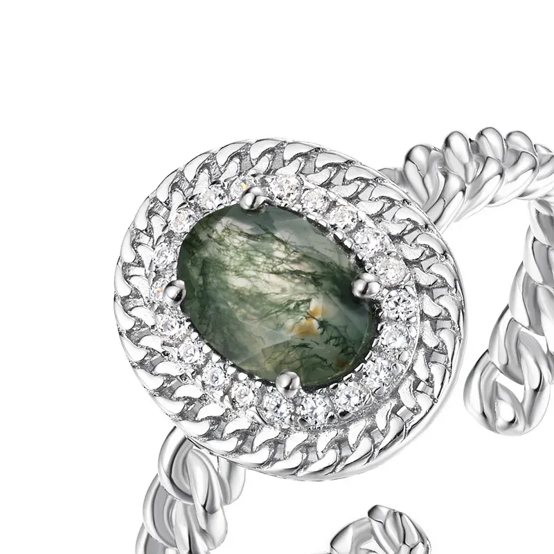 JewelyKing S925 Sterling Silver Natural Green Moss Agate Delicate Wedding Ring JKRS0196