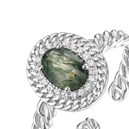 JewelyKing S925 Sterling Silver Natural Green Moss Agate Delicate Wedding Ring JKRS0196
