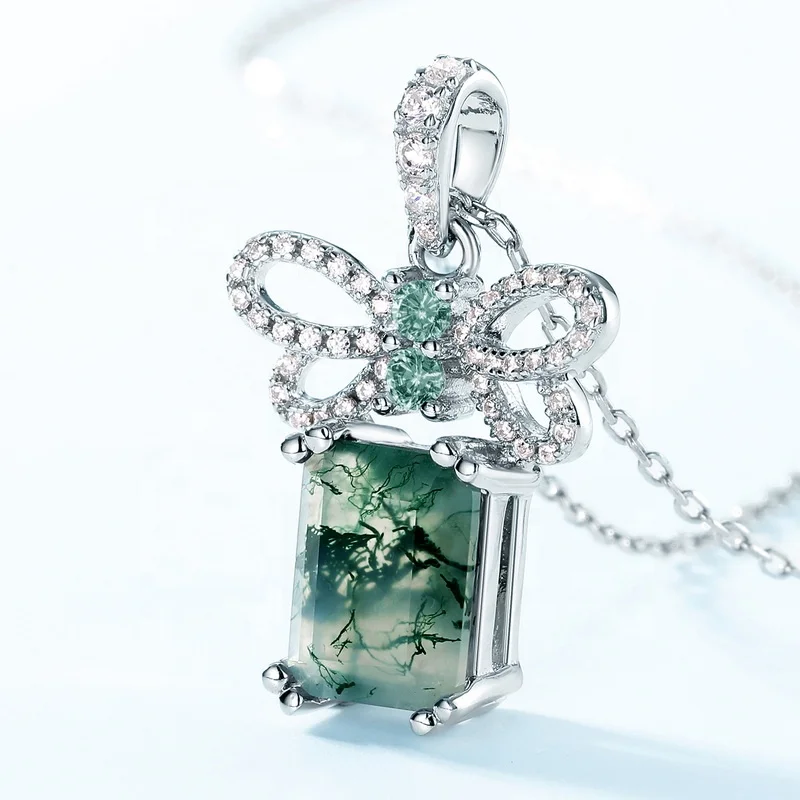 Jewelyking Rectangle Green Gemstone Pendant Dainty Zircon Bow Knot and Natural Moss Agate Pendant Necklace JKNS0086