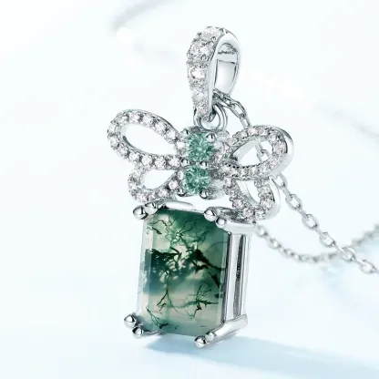 Jewelyking Rectangle Green Gemstone Pendant Dainty Zircon Bow Knot and Natural Moss Agate Pendant Necklace JKNS0086