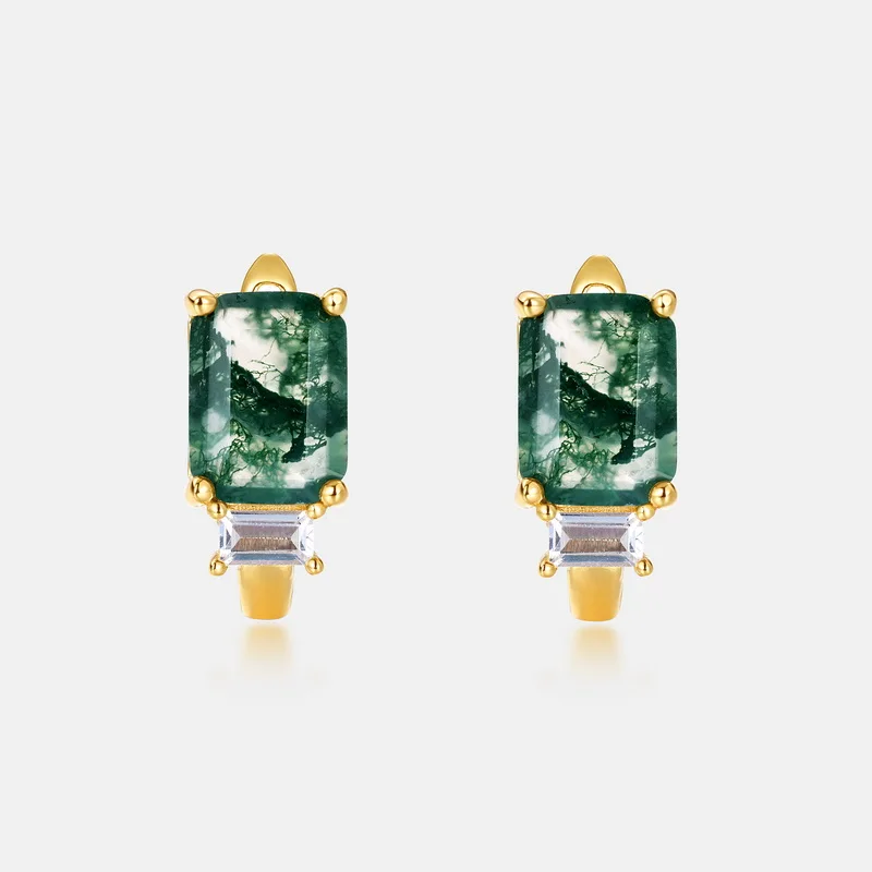 Jewelyking S925 Silver 14K Gold Plated Green Moss Agate Opal Accent Huggie Hoop Earrings JKES0109