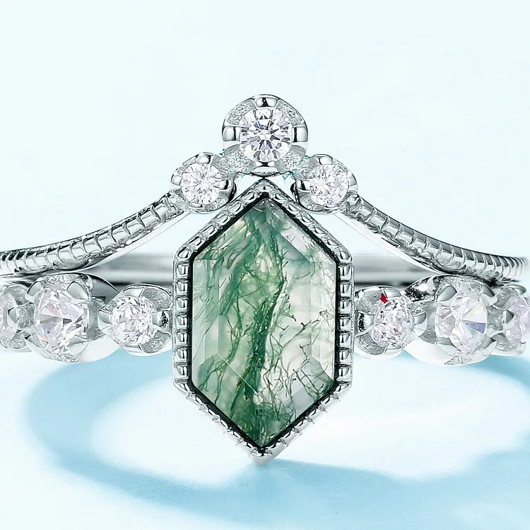 JewelyKing S925 Sterling Silver Hexagon Moss Agate Gemstone Wedding Rings JKRS0207