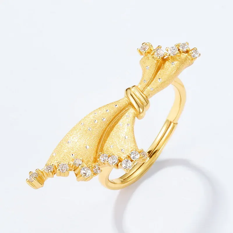 Jewelyking  S925 Sterling Silver Unique Index Finger Retro Brushed 14K Gold Skirt Shape Ring JKRS0106