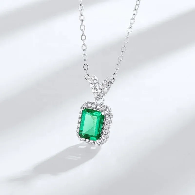 Classic Sterling Silver Rectangle Green Gemstone Pendant Cubic Zirconia Iced Out Square Lab Grown Emeralds Pendant Necklace