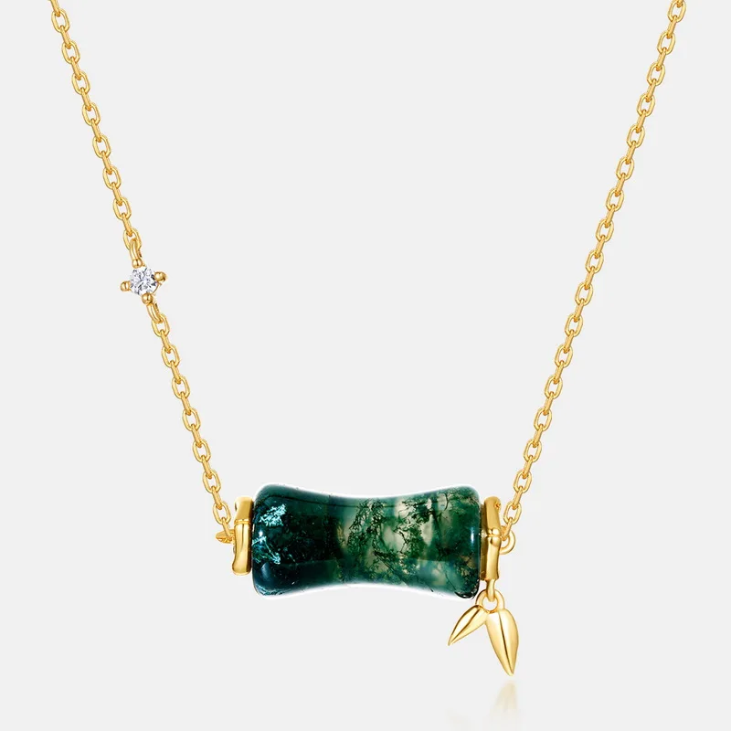 Jewelyking Dark Green Stripe Rhodium Plated 18k Gold Green Agate Pendant Necklace JKNS0091
