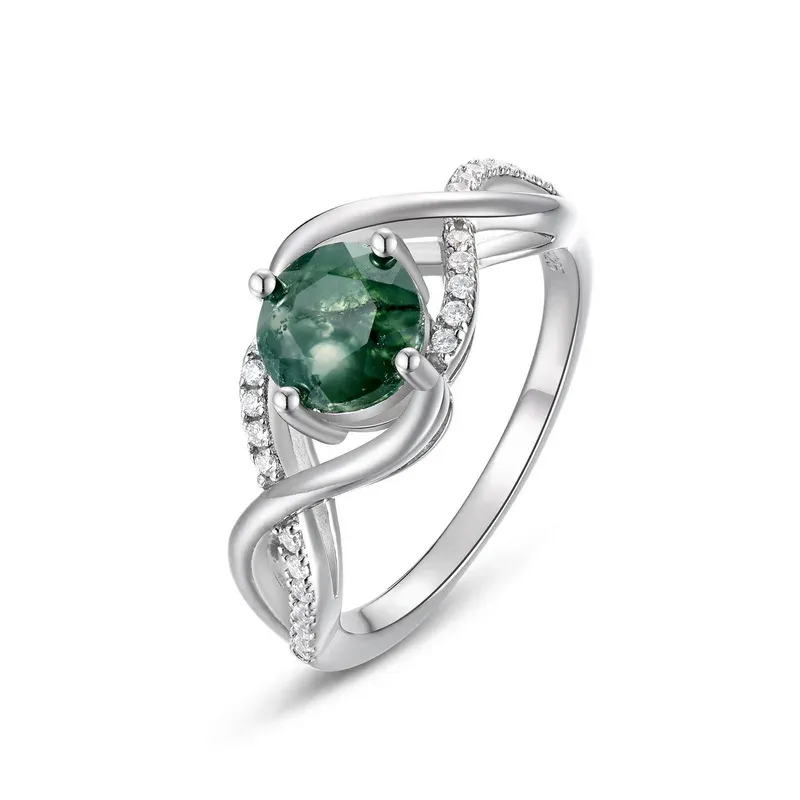 JewelyKing S925 Sterling Silver Classic Design Green Moss Agate Timeless Wedding Ring JKRS0164