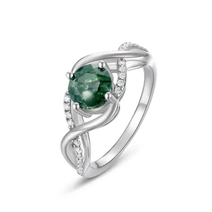 JewelyKing S925 Sterling Silver Classic Design Green Moss Agate Timeless Wedding Ring JKRS0164