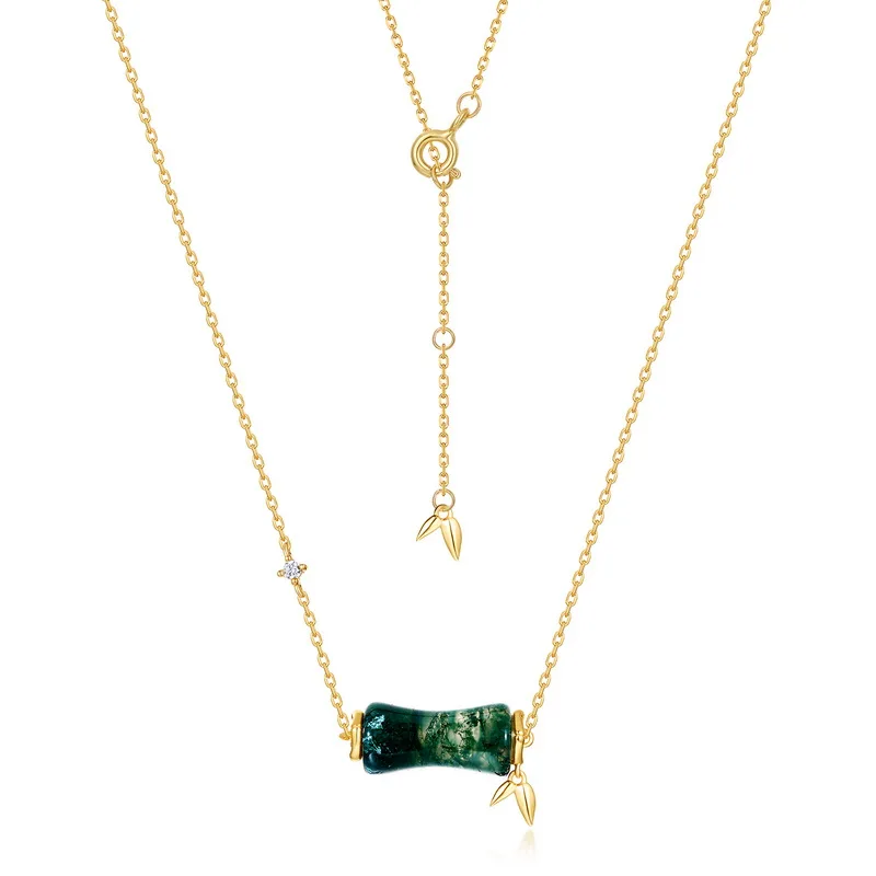 Jewelyking Dark Green Stripe Rhodium Plated 18k Gold Green Agate Pendant Necklace JKNS0091